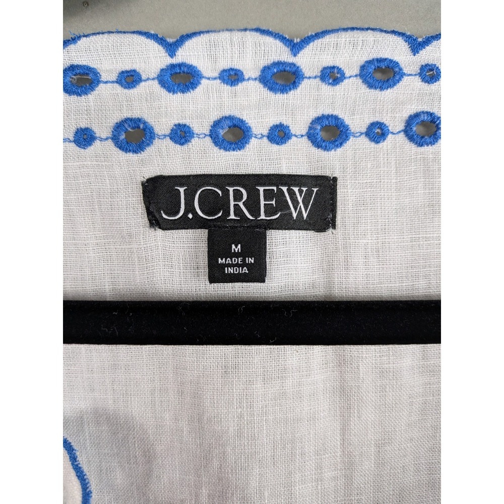 J. Crew Womens Bungalow Linen Embroidered Top Sz M White Blue Boho Cottagecore - Picture 7 of 11